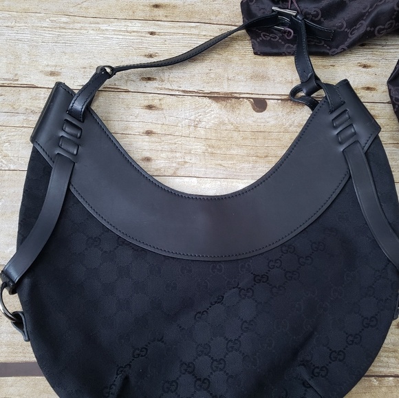 GucciGg Monogram Supreme Half MoonCrescent Shoulder Black LeatherCanvas Hobo - Picture 4 of 8